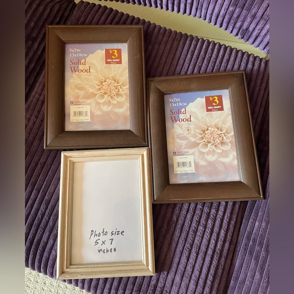 Three solid wood picture frames -fit photos sized 5” x 7”